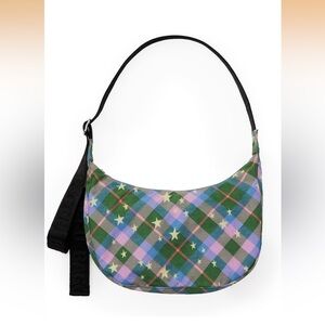 NWT Baggu Medium Nylon Crescent — Green Star Plaid